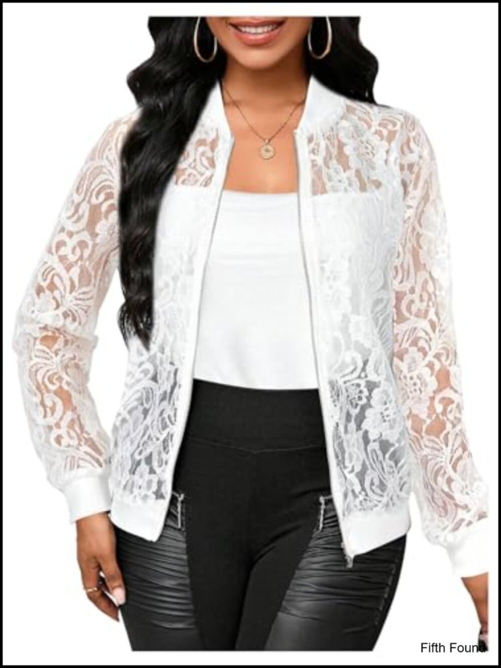 Lace Long Sleeve Bomber Jacket Stand Collar Zip Up Sheer Outwear
